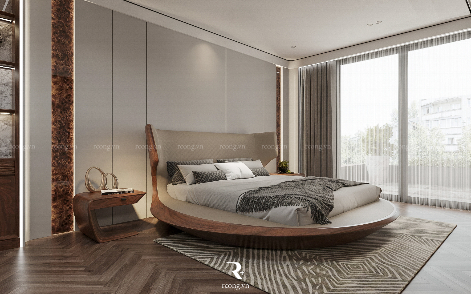 thiết kế nội thất biệt thự đồi - giường ngủ gỗ óc chó